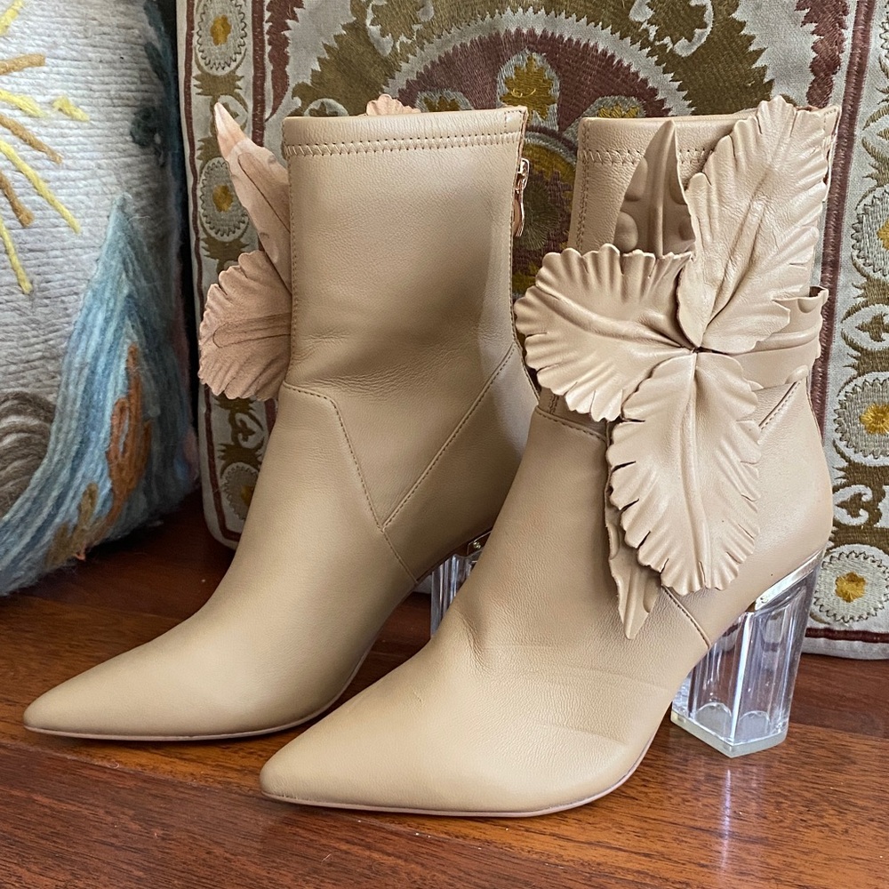 CECELIA NEW YORK Beige Heeled Boots with Leaf Detail